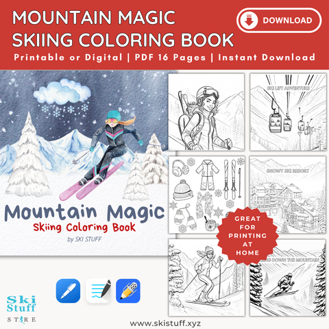 Mountain Magic Skiing Coloring Book, Instant Download