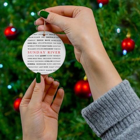 skiing inspired christmas ornament on christmas tree