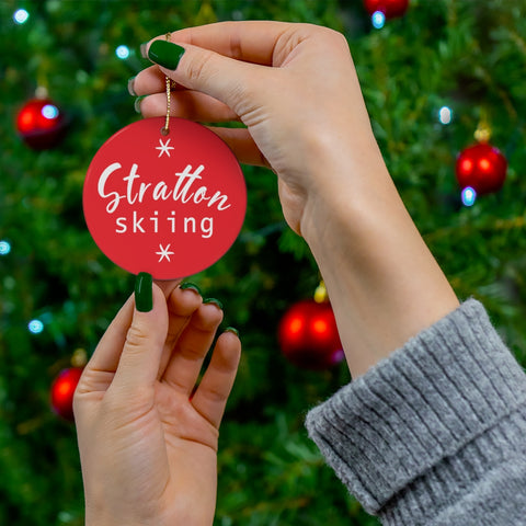 skiing inspired christmas ornament on christmas tree