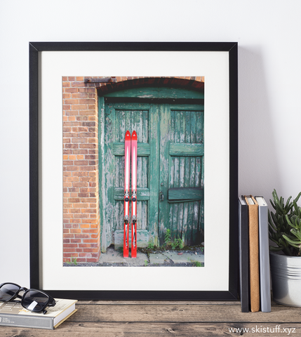 Red Skis Green Door - Art Print